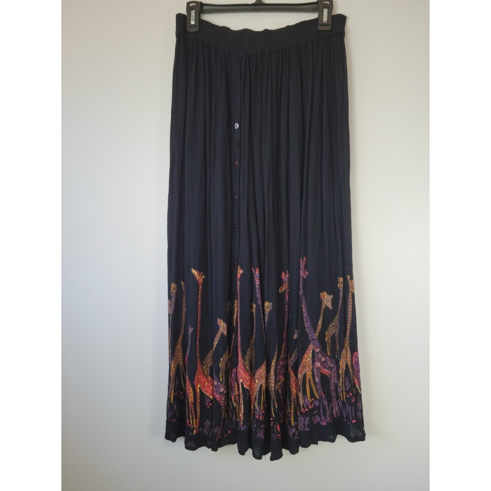 Mary Jayne Vintage Giraffe Art to Wear Crinkle Maxi Skirt Black One Size 0407